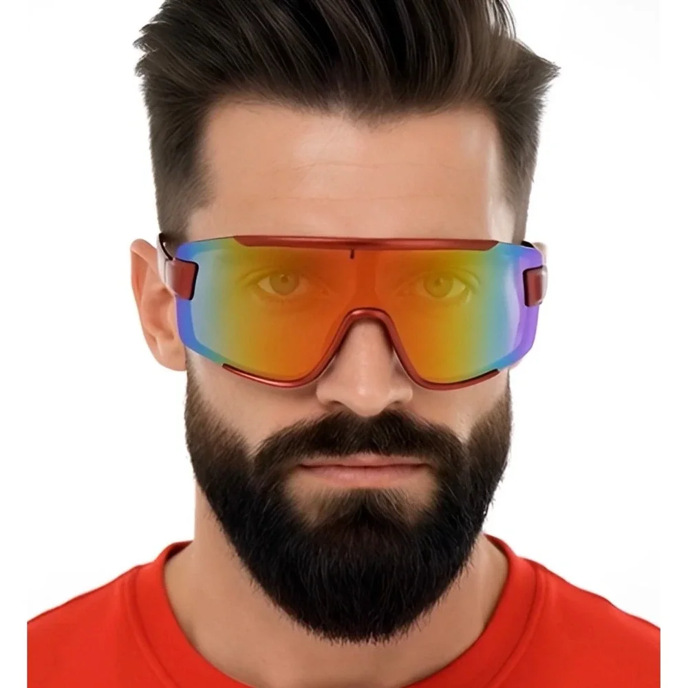 Red Oversized Shield Sunglasses‎ Futuristic Mirrored Lens Sporty Visor Eyewear